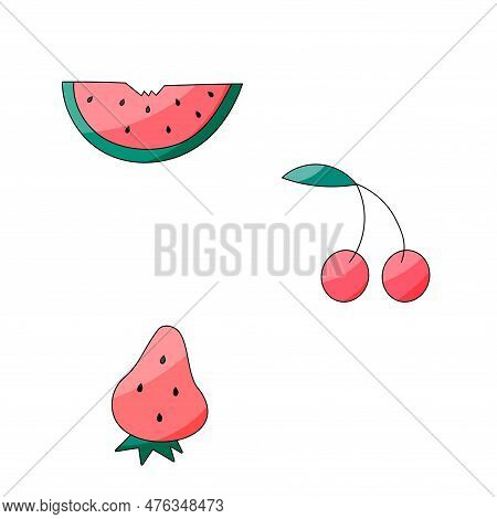 Fruit Summer Set Elements Watermelon Strawberry Cherry Tasty Bright Warm