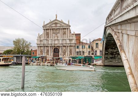 Venice, Italy - April 06 2019: Boat Coming Out From Below The Scalzi Bridge (italian: Ponte Degli Sc