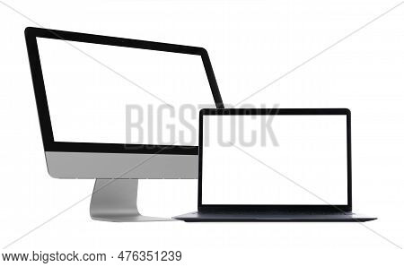 Computer Monitor And Laptop With Blank Screens On White Background. Mockup For Design
