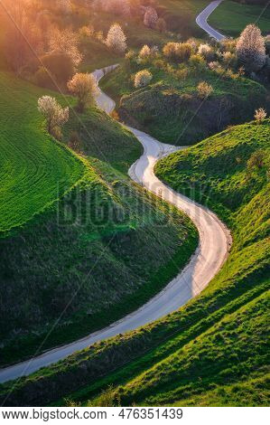 Beautiful Green Spring Landscape In The Polish Countryside. Winding Road Among Green Grass And Flowe