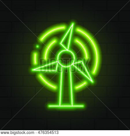 Glowing Neon Wind Turbine Icon. Wind Generator Sign. Neon Wind Generator Turbine Power. Glowing Neon