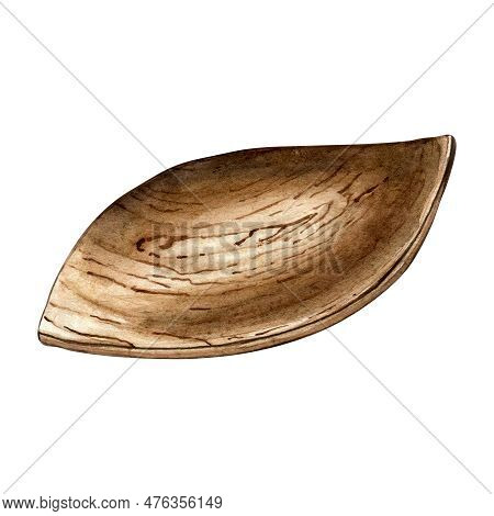 Single Wooden Plate Watercolor Illustration Isolated On White. Kitchen Utensil Of Wood, Leaf Shaped 