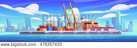 Vector Sea Port Cargo Container Logistic. Export And Import Freight From Seaport Harbor Terminal Wit