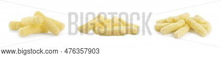 Piles With Tasty Corn Sticks On White Background, Collage Design