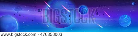 Space Background With Alien Planets Floating In Sky, Comets With Neon Light Tails, Rocky Meteorites,