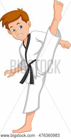 Karate Boy Kick Pose On White Background