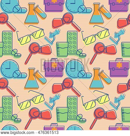 Color Medical Pattern With Elements Of Pills, Lab Glasses, Doctors Bag, Glasses, Mircoscope And Exam
