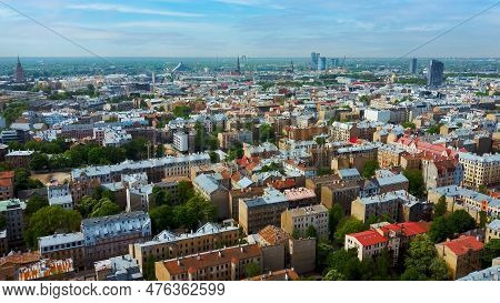 Riga Cityscape Spring Aerial Top View Video, Town, Latvia. Sunny Day Building Rooftops. Riga Skyline