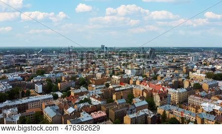Riga Cityscape Spring Aerial Top View Video, Town, Latvia. Sunny Day Building Rooftops. Riga Skyline