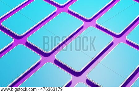 Smartphones With Pink Screen On Yellow Background, Seamless Pattern. Mock Up Cell Phone With White F