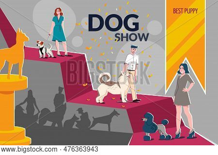 Dog Show Flat Collage Composition With Dog Show Best Puppy Headline And The Dogs At The Show Stand O