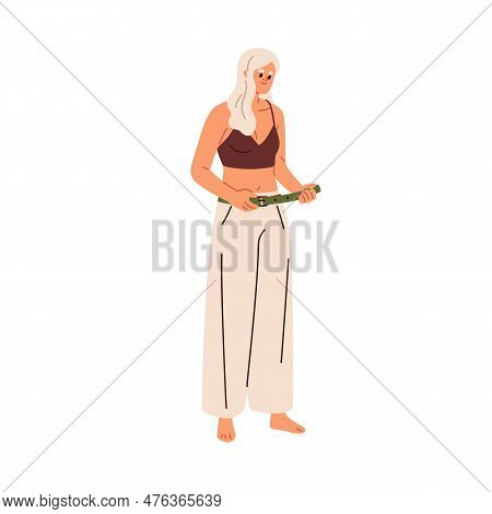 Girl Taking On Clothes, Adjusting, Tightening, Fitting Waist Belt On Trousers. Woman Standing, Putti