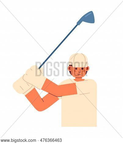 Young Adult Man Golfer Swinging With Stick Semi Flat Colorful Vector Character