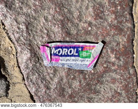 Paris, France - Sep 18, 2022: A Close-up Of A Package Of Stimorol Chewing Gum Discarded On An Asphal