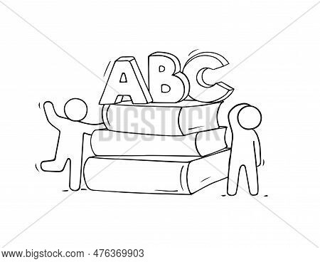 Sketch Of Books With Studing People. Doodle Cute Miniature About Literature And Education. Hand Draw
