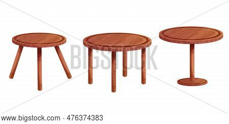 Wooden Table Round Desk Tectured In Comic Cartoon Style Isolated On White Background. Rustic Furnitu