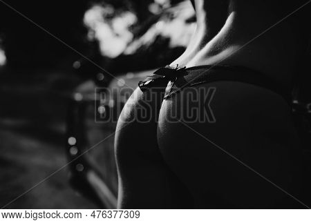 Female Ass, Fit Buttocks In Sexy Panties. Sexy Woman With Beautiful Butt. Close-up Rear Back Of Nice