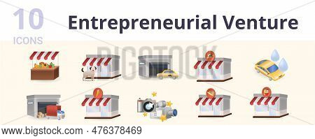 Enterpreneurial Venture Set. Creative Icons: Market, Pet Shop, Taxi Station, Clothing Market, Car Wa