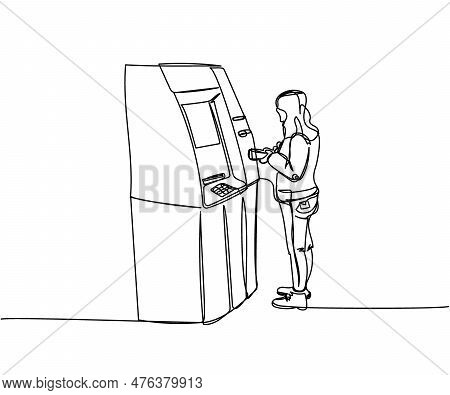 Woman Withdrawing Money From An Atm, Cash Machine, Bank One Line Art. Continuous Line Drawing Of Ban