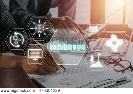 Hackathon Technology Programming Startup Concept, Business Team Using Laptop Computer On Desk With H