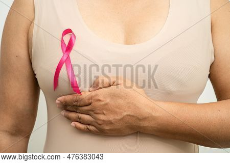 Asian Woman Patient Checking And Worry Her Breast, Breast Self Exam Or Bes, Symbol Of World Breast C