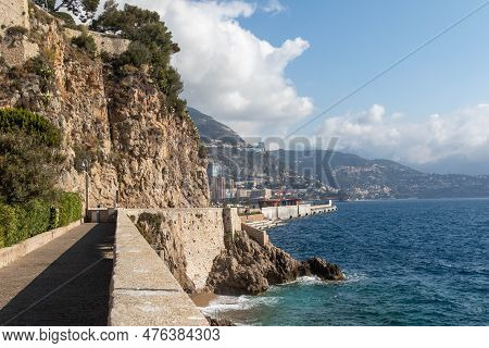 Monaco-ville, Monaco, April 20th 2023:- The Shoreline Of The Rock Of Monaco, Below Monaco-ville