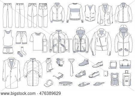 Set Of Men Clothing And Accessories. Fashion And Style Design Element And Icon Set. Technical Drswin