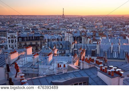 Aerial Panoramic View From Montmartre Over Paris Roofs At Nice Pink Sunrise, Paris, France