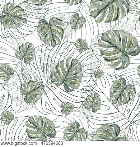 Tropical Leaves Seamless Pattern. Monstera Leaves Seamless Pattern. Monstera Leaves On Isolated Back