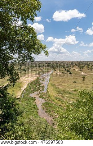 Green Landscape Of Tarangire National Park Tanzania, Looking Down On A River