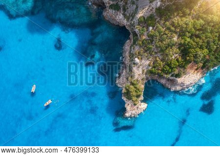 Top Drone View Of Boats And Yacths In Transparent Azure Water