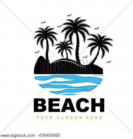 Coconut Tree And Beach Logo, Ocean Nature Landscape Design, Beach Icon Plant Vector