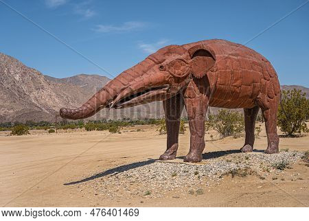 Borrego Springs, Ca, Usa - April 24, 2023: Brown Rusted Metal Prehistoric Giant Anteater Mammoth Sta