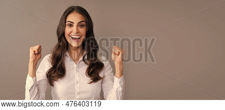 I Won. Happy Woman Make Winning Hand Gesture. Winning Business. Woman Isolated Face Portrait, Banner