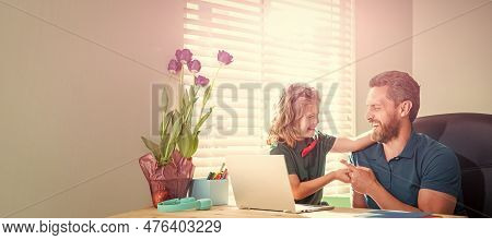 Banner Of Home School Of Father And Son With Laptop At Home, Happy Dad Helping His School Son Child 
