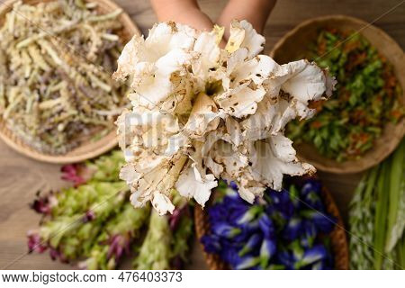 Thai Edible Flowers From Organic Local Farmers Market In Northern Of Thailand, Sustainability Concep