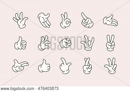 Retro Cartoon Hands Set In Different Gestures Showing Ok Sign, Pointing Fingers, Thumb Up, Rock Sign
