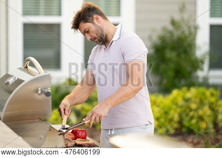 Grill Cook. Chef With Bbq Cooking Tools. Barbecue And Grill. Picnic And Barbecue Party. Chief Cook W