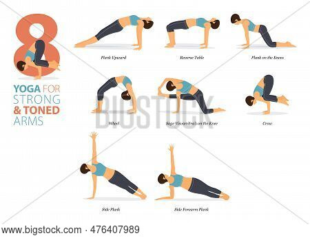 Infographic 8 Yoga Poses For Workout At Home In Concept Of Strong Arms In Flat Design. Women Exercis