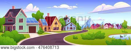 House With Renewable Energy Solar Panel On Roof. Photovoltaic Green System For Home Building In Vill