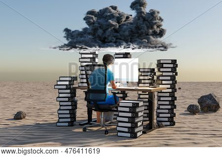 Man Sitting At Pc Office Workplace In Desert Environment With Huge Stacks Of Binders And Cloud Over 
