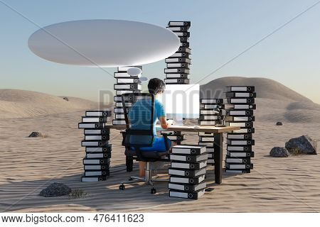 Man Sitting At Pc Office Workplace In Desert Environment With Huge Stacks Of Binders And Cloud Over 