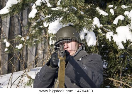 Vinterkrigen 1939-1940: Finsk soldat. Fokus på ansigt
