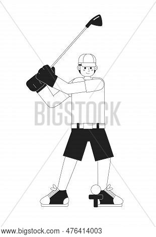 Young Male Golfer Playing Golf Monochromatic Flat Vector Character