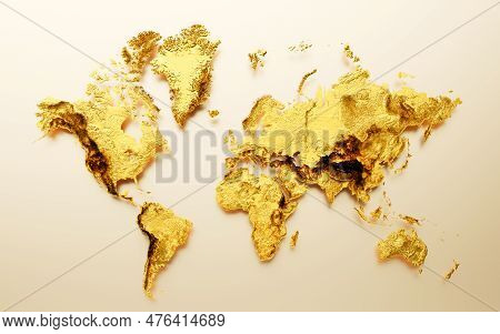 3d Golden Shiny World Map Golden Metal Hypsometric Map, Soft Gold Blurry Background, 3d Illustration