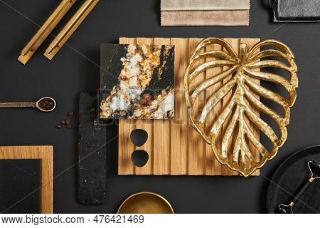 Stylish Flat Lay Comosition Of Creative Architect Moodboard With Samples Of Textile, Paint, Wooden L