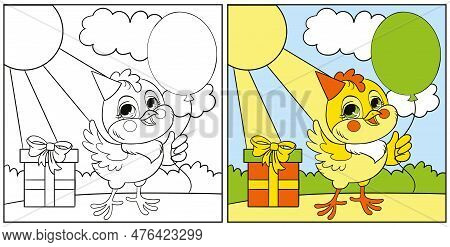 Cute Happy Chicken Wth Balloon. Vector Cartoon Illustration. Kids Coloring Page With A Color Sample.
