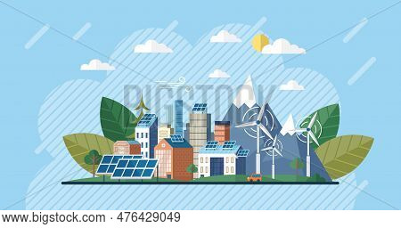 Solar Panel And Batteries With Sun. Electric Car Charging On Renewable Smart Power Off-grid System. 