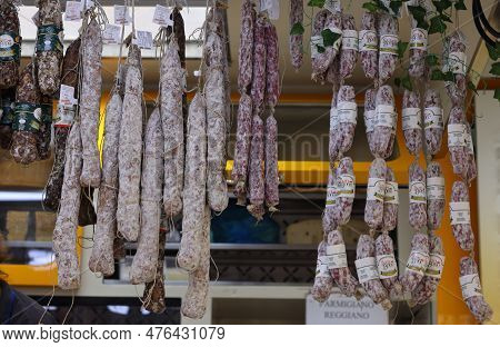 Cremona, Italy - September 7, 2022: Traditional Meat Products Sold At A Street Stall During The Farm