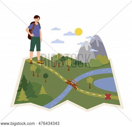 Boy Go To Travel. Teenager With Backpack Stands On Map. Natural Landscape, Mountains, Lake And Meado